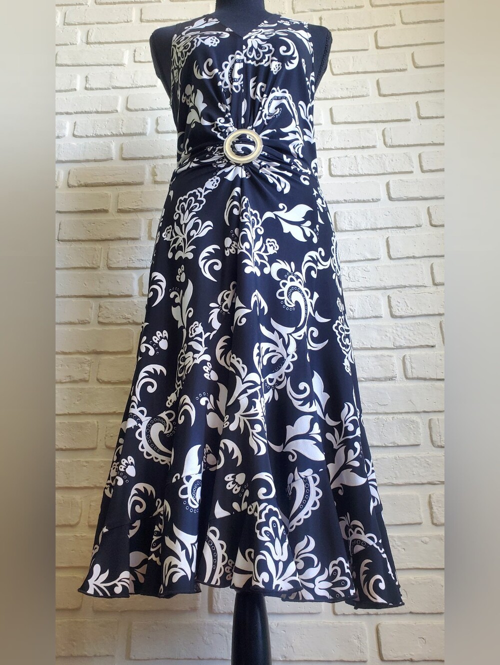 Joseph Ribkoff Floral Paisley Ring Buckle Dress Black White Flowy Ruffle Hem - Picture 14 of 15
